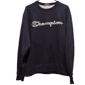 Champion Spell Out Navy Blue Sweatshirt Crew Neck Long Sleeve Pullover Mens M